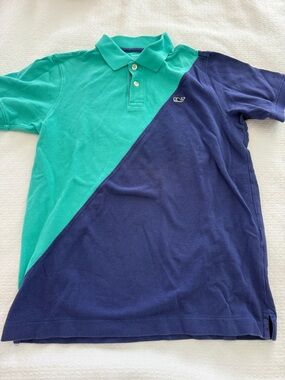 Vineyard vines, boys medium Diagonal Two-Tone Polo Shirt in Teal and Navy